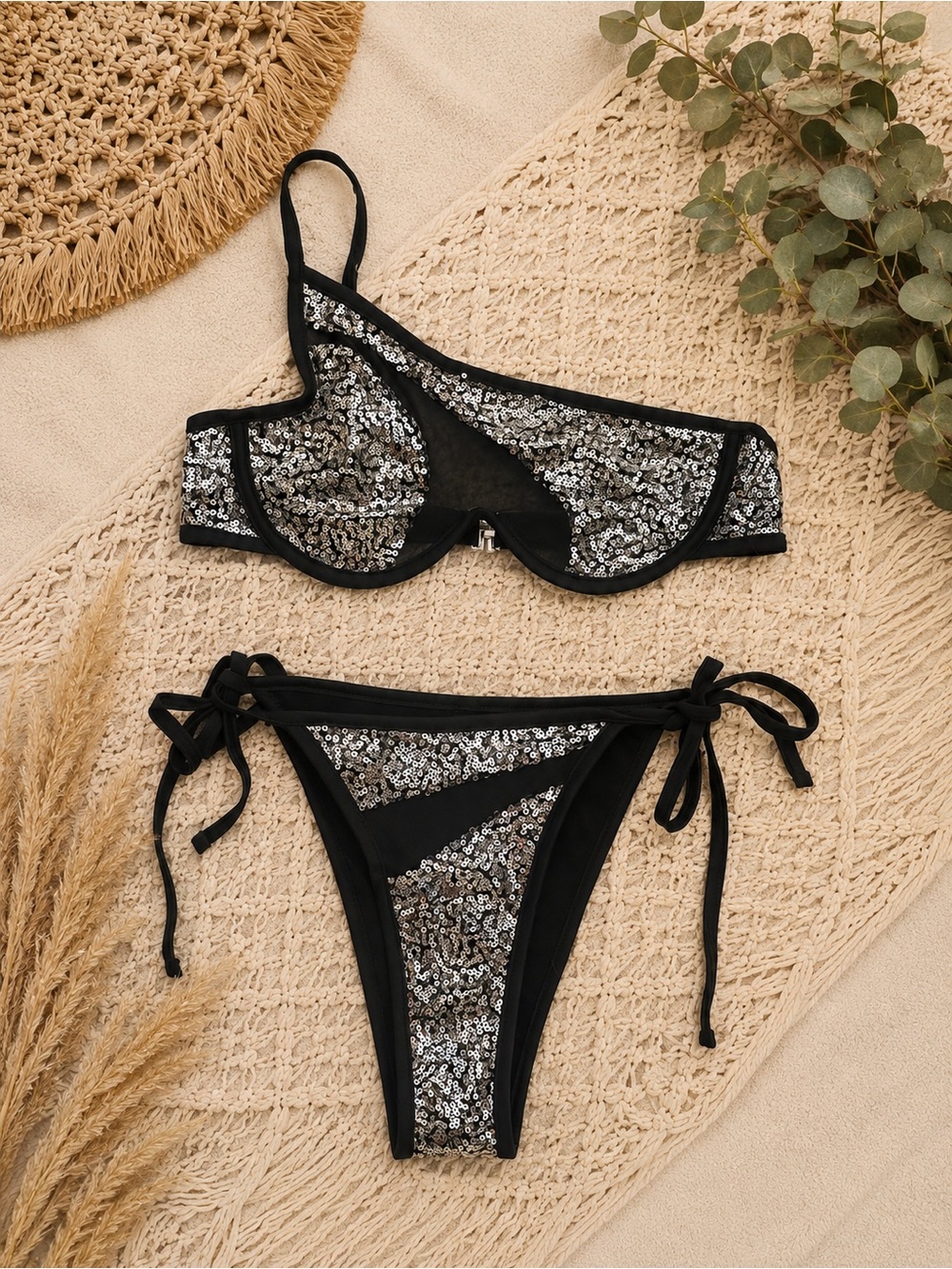 SHEIN Black Sequin Underwire Tie-Side Bikini Set
